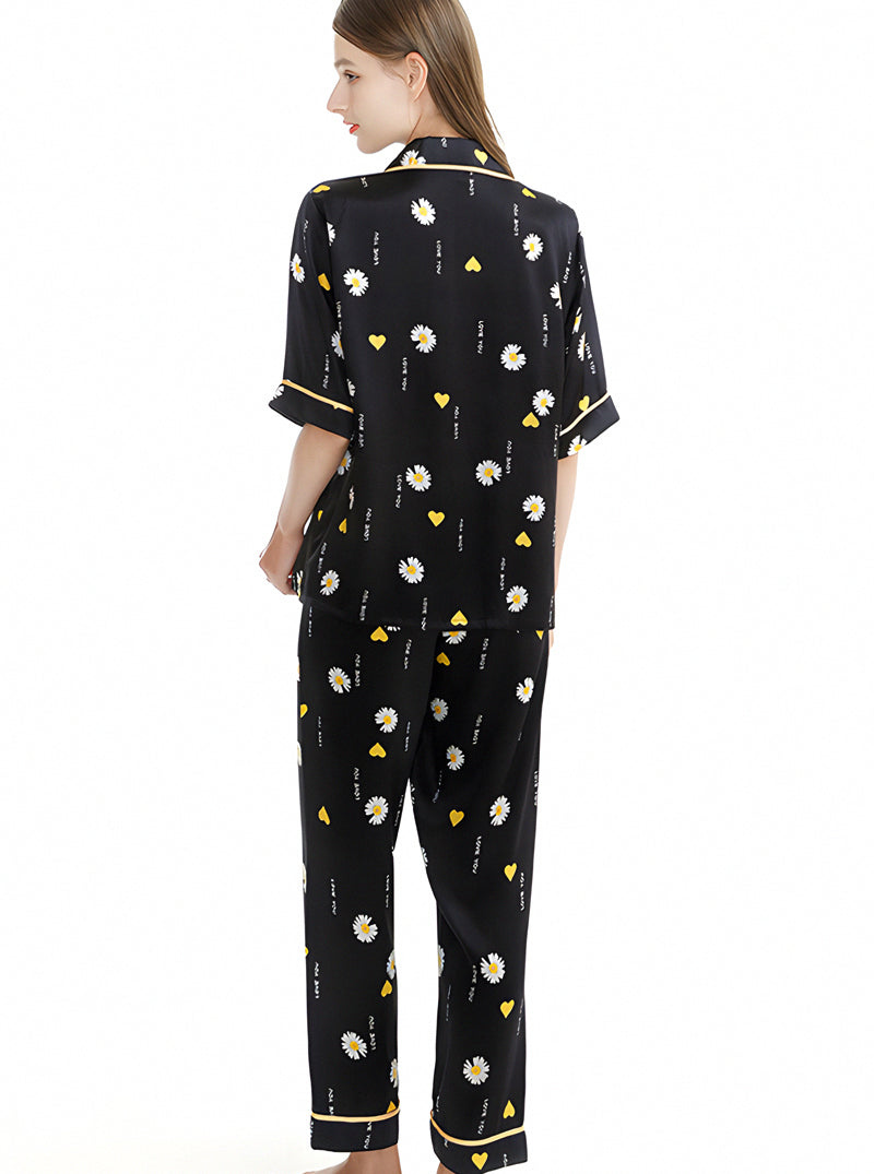 Summer Black Silk Female Contrast Color Edging Small Lapel Plant Flower Pattern Print Loose And Comfortable Short-Sleeved Pajamas Two-Piece Set