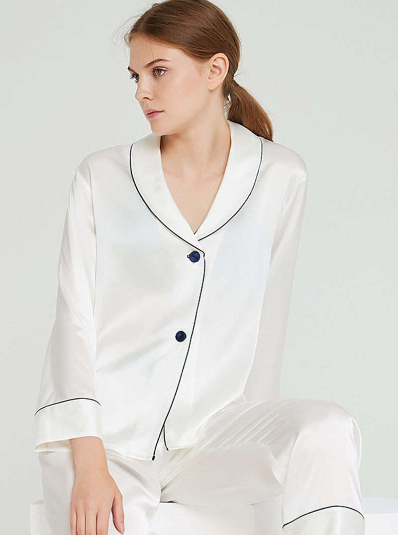 Spring 19 Momme Silk Small Lapel Female Elegant Simple Light Color Long Sleeve Pants Two Piece Pajamas