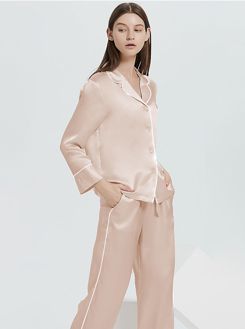 Female Autumn And Winter 22 Momme Silk Small Lapel Classic Casual Loose Solid Color Long-Sleeved Trousers Two-Piece Pajamas
