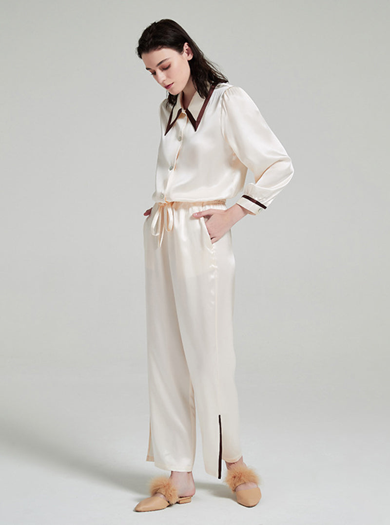 19 Momme Silk Female Spring Retro Pointed Collar High-Quality Temperament Leg Split Contrast Color Long-Sleeved Trousers Pajamas Two-Piece Set