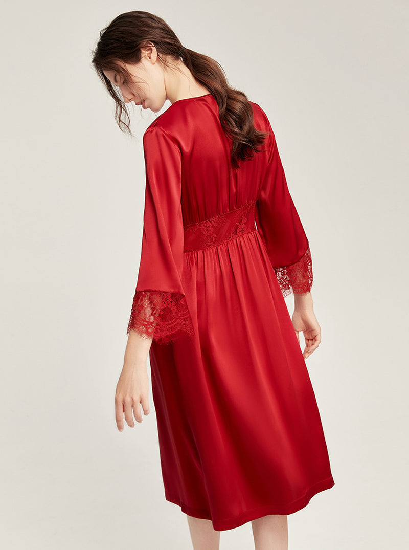 Silk Spring And Autumn Female V-Neck Waist Lace Long-Sleeved Sexy High-End Retro Elegant French Solid Color Pajamas