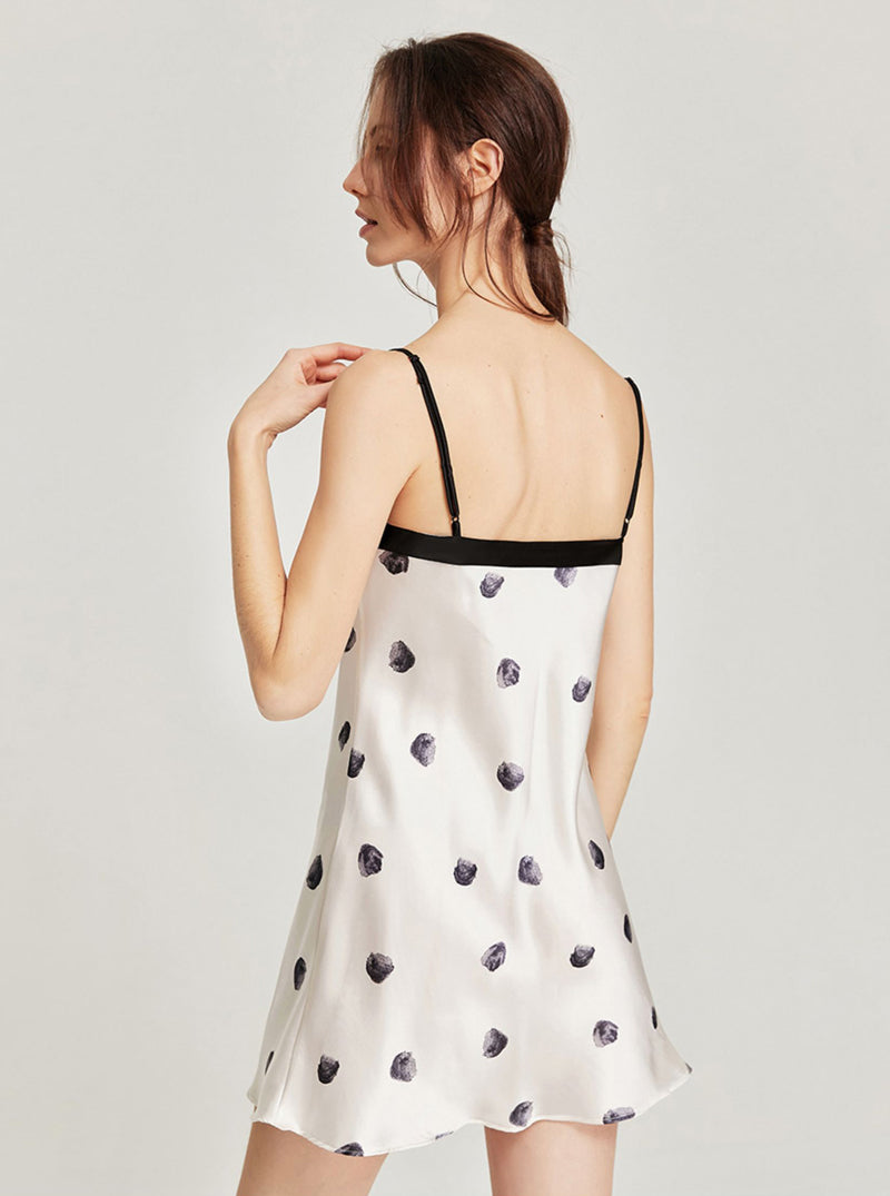 Silk Female Summer V Collar Cute Black Printing Polka Dots Milk White Slim Sling Nightdress