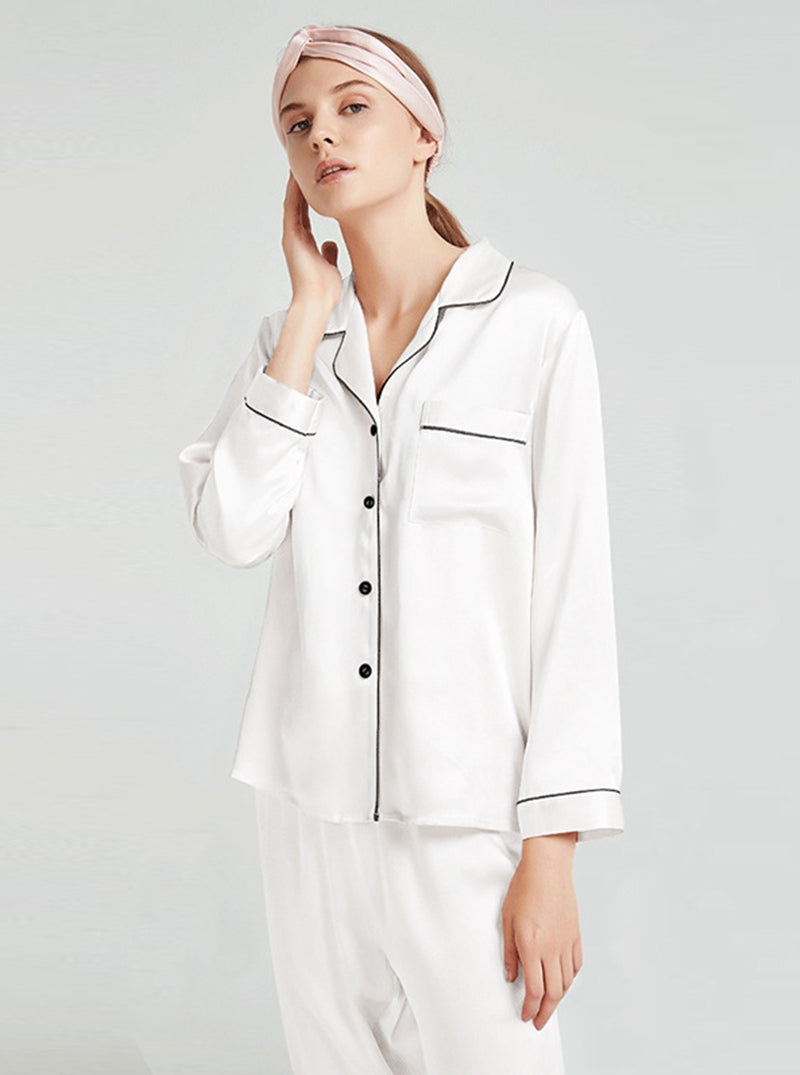 19 Momme Silk Spring And Autumn Female Suit Collar Simple Intellectual Elegant Long-Sleeved Trousers Multi-Color Pajamas Two-Piece Set