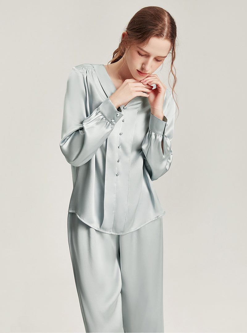 Simple V-Neck Silk Hideyoshi Female High-End Comfortable Solid Color Long-Sleeved Trousers Pajamas Two-Piece Set