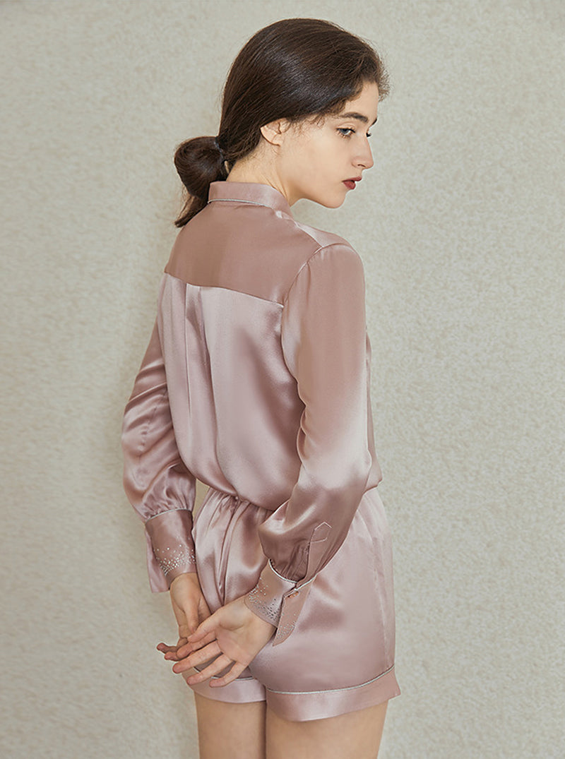 19 Momme Silk Summer Female Stand Collar Hot Drill Sexy Elegant Waist Classic Solid Color Long-Sleeved Shorts Pajamas Two-Piece Set