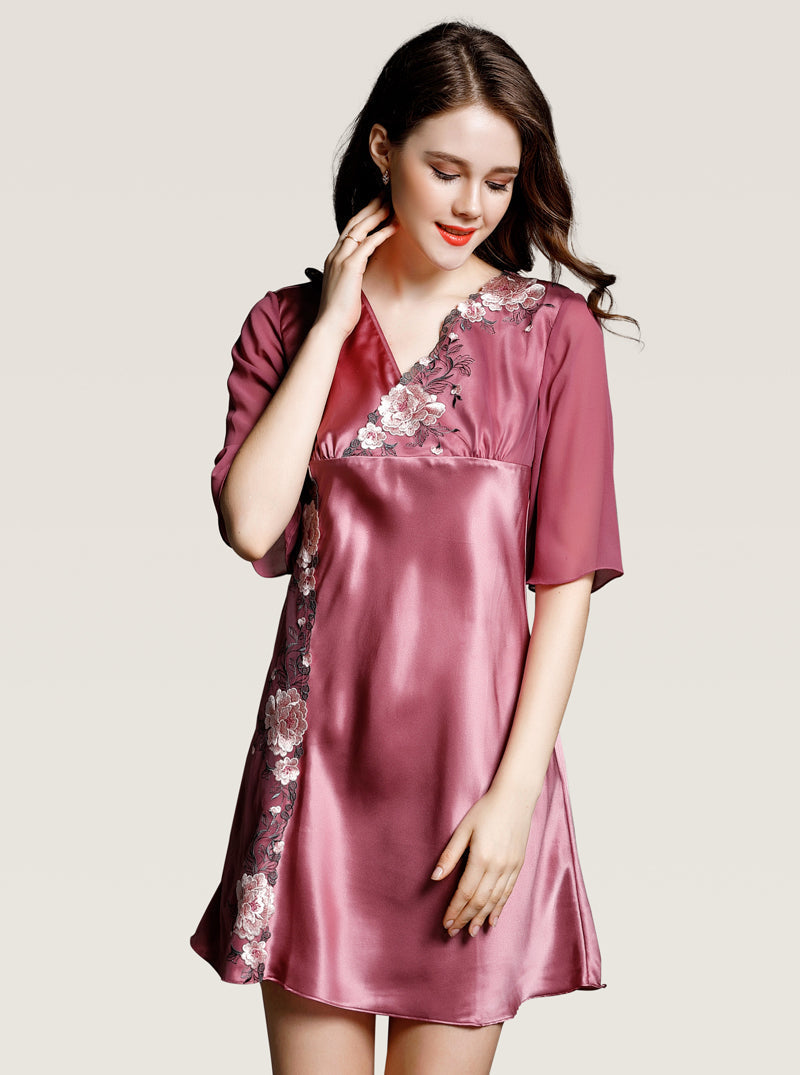 Lace Embroidered Silk Summer Female V Neck Sexy Comfortable Elegant Solid Color Mid Sleeve Nightdress