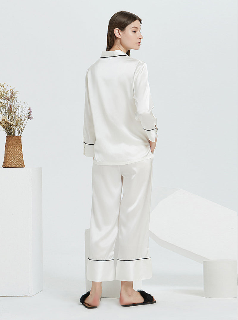 19 Momme Silk Spring And Autumn Female Suit Collar Simple Fashion Comfortable High-End Solid Color Long-Sleeved Trousers Pajamas Two-Piece Set