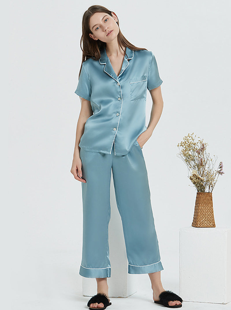 Suit Collar 19 Momme Silk Female Summer Multiple Colors Simple Classic Comfortable Short Sleeve Pants Pajamas Two Piece Set