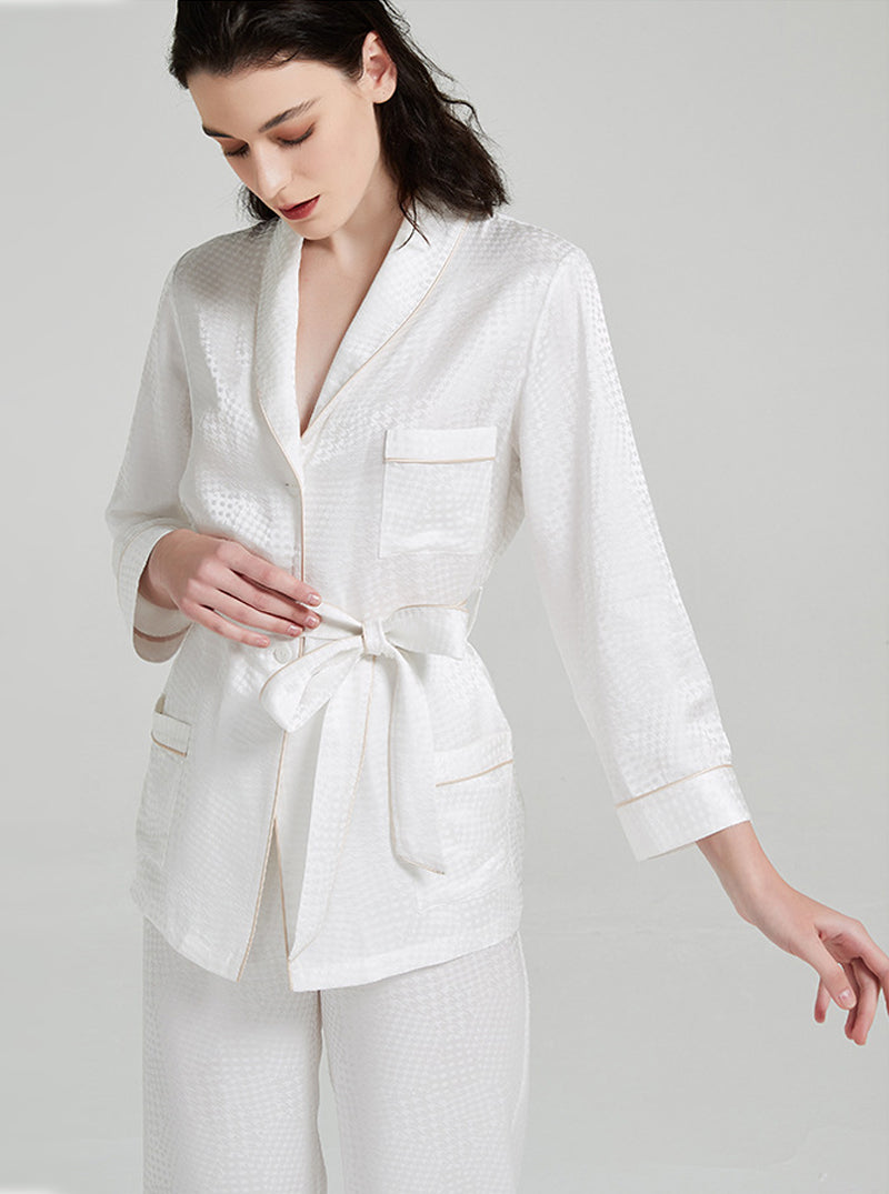 Houndstooth Jacquard 19 Momme Silk Spring And Autumn Female Lapel Elegant And Dignified Solid Color Pajamas Long-Sleeved Trousers Two-Piece Set
