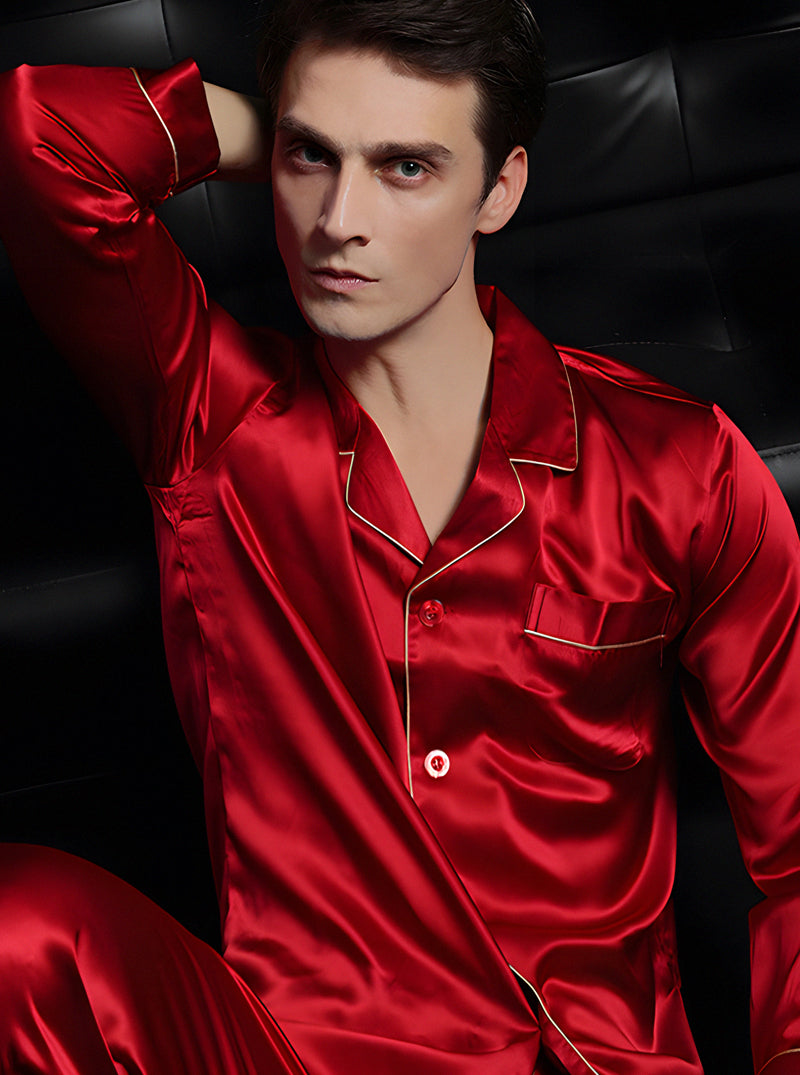 19 Momme Silk Spring And Autumn Male Contrast Color Small Lapel Simple And Capable Fashion Long-Sleeved Pajamas Two-Piece Set