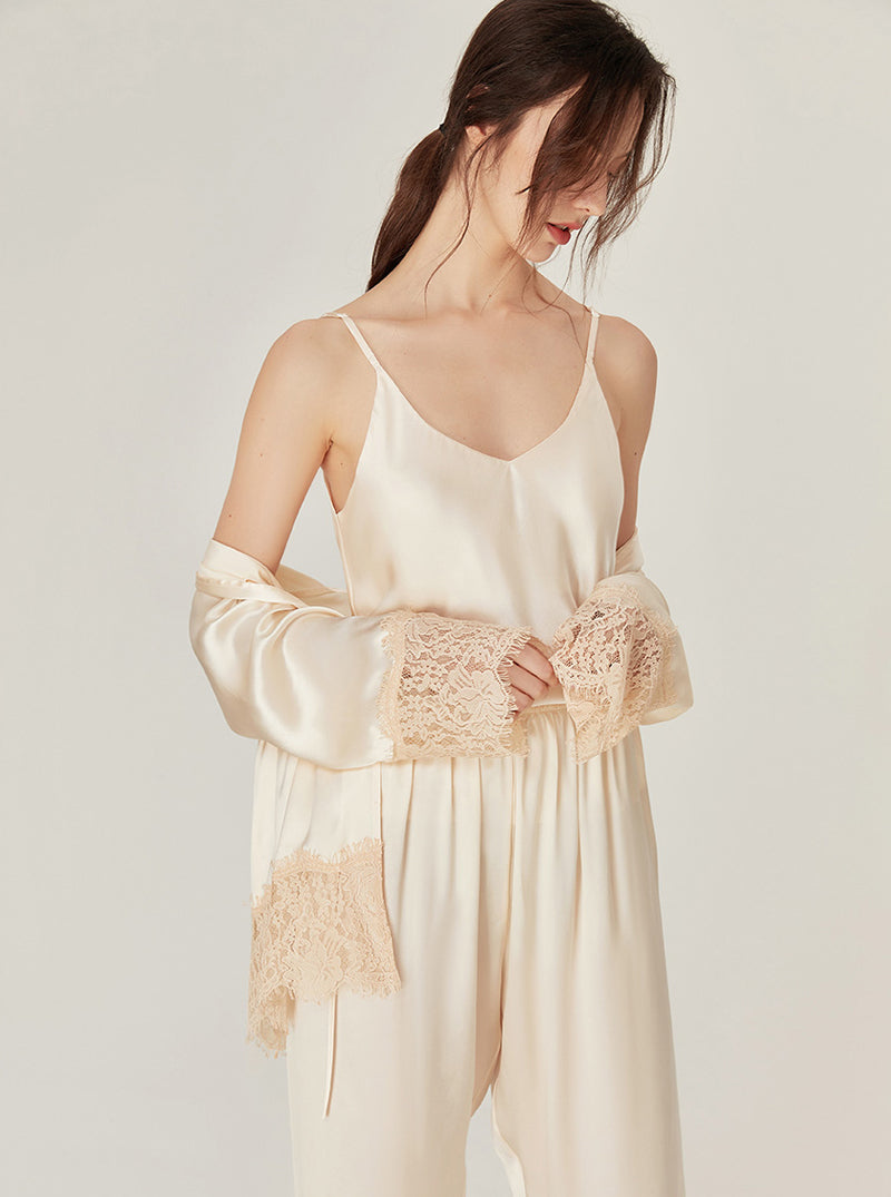 Silk Spring Female V Collar Lazy Retro Matching Pajamas Lace Stitching Three-Piece Set