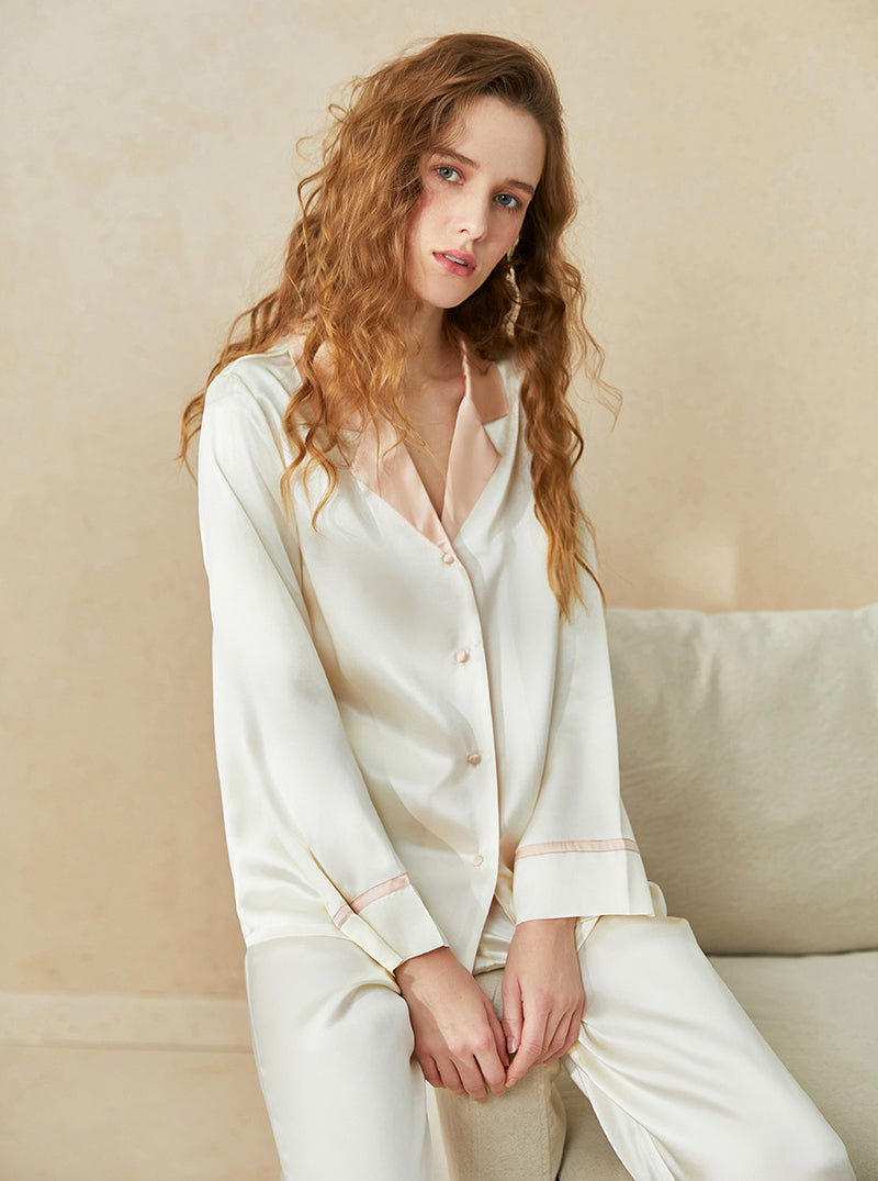 19 Momme Silk Summer Female Stitching Contrast Color Small Lapel Simple And Comfortable Casual Loose Long-Sleeved Two-Piece Pajamas
