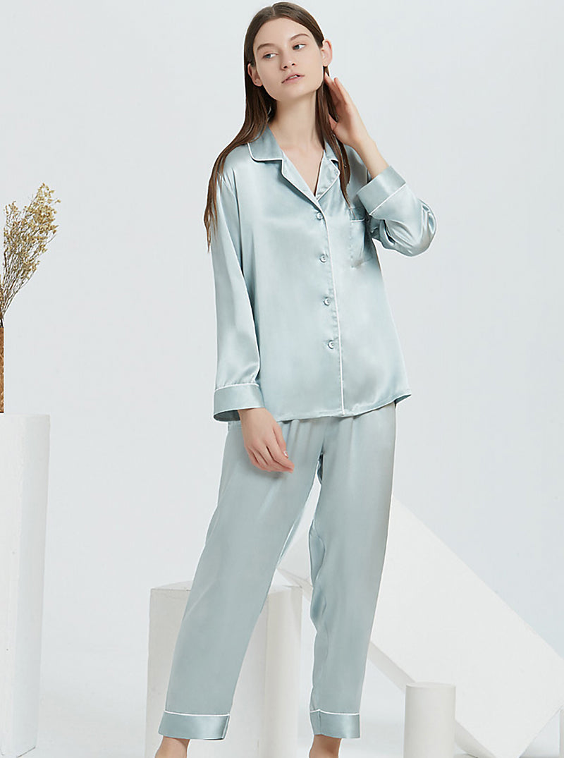 Silk Spring And Autumn Female Suit Collar Simple Fashion Classic Long Sleeve Pants Pajamas Two-Piece Set