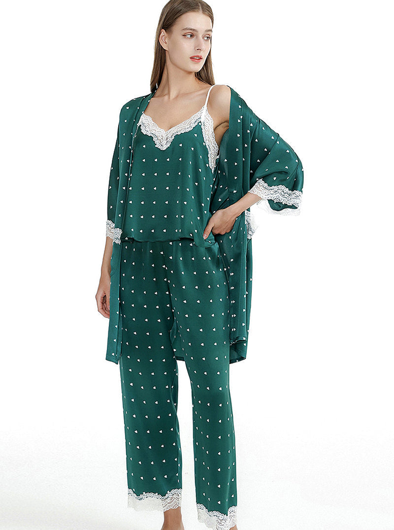 Dark Green Silk Female Summer Suspenders V-Neck Sexy Lace Polka Dot Simple Pajamas Three-Piece Set