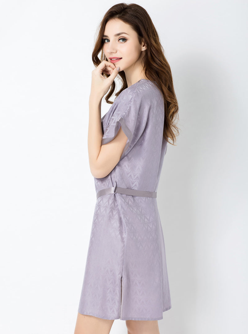 Jacquard Silk Summer Ladies V-Neck Stitching High-End Luxury Elegant Solid Color Belt Short-Sleeved Nightdress
