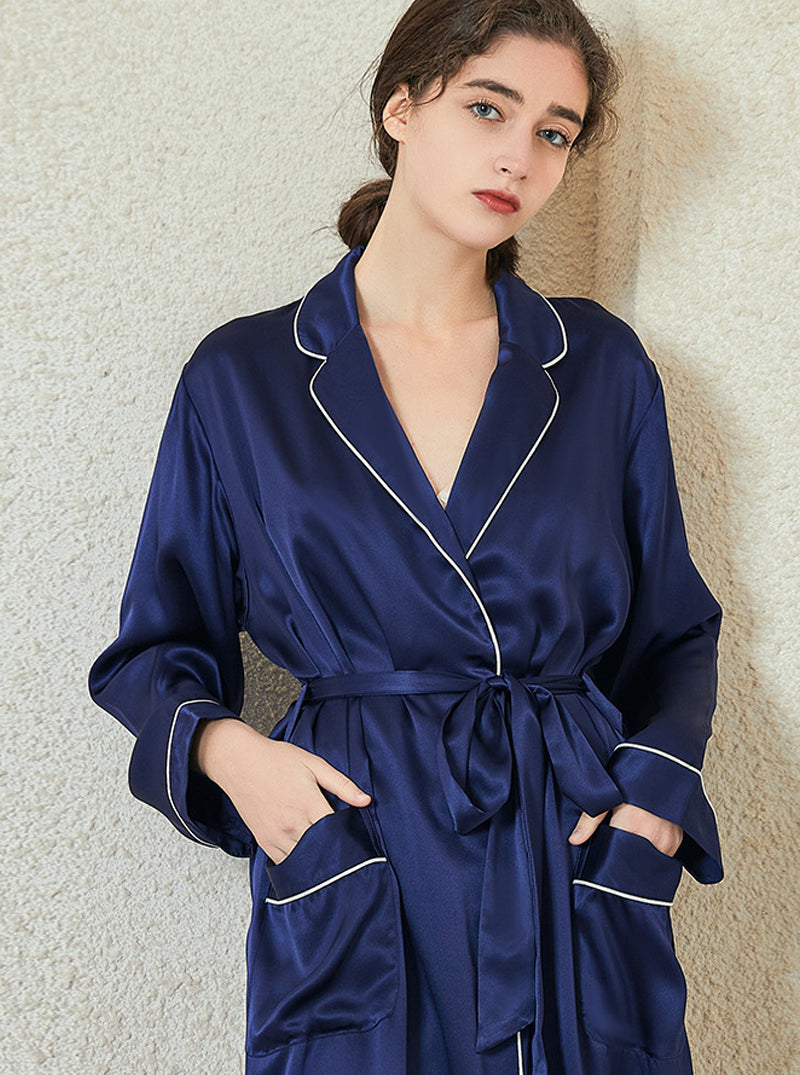 Solid Color 19 Momme Silk Spring And Autumn Female Small Lapel Slim Casual Intellectual Belt Long-Sleeved Nightgown