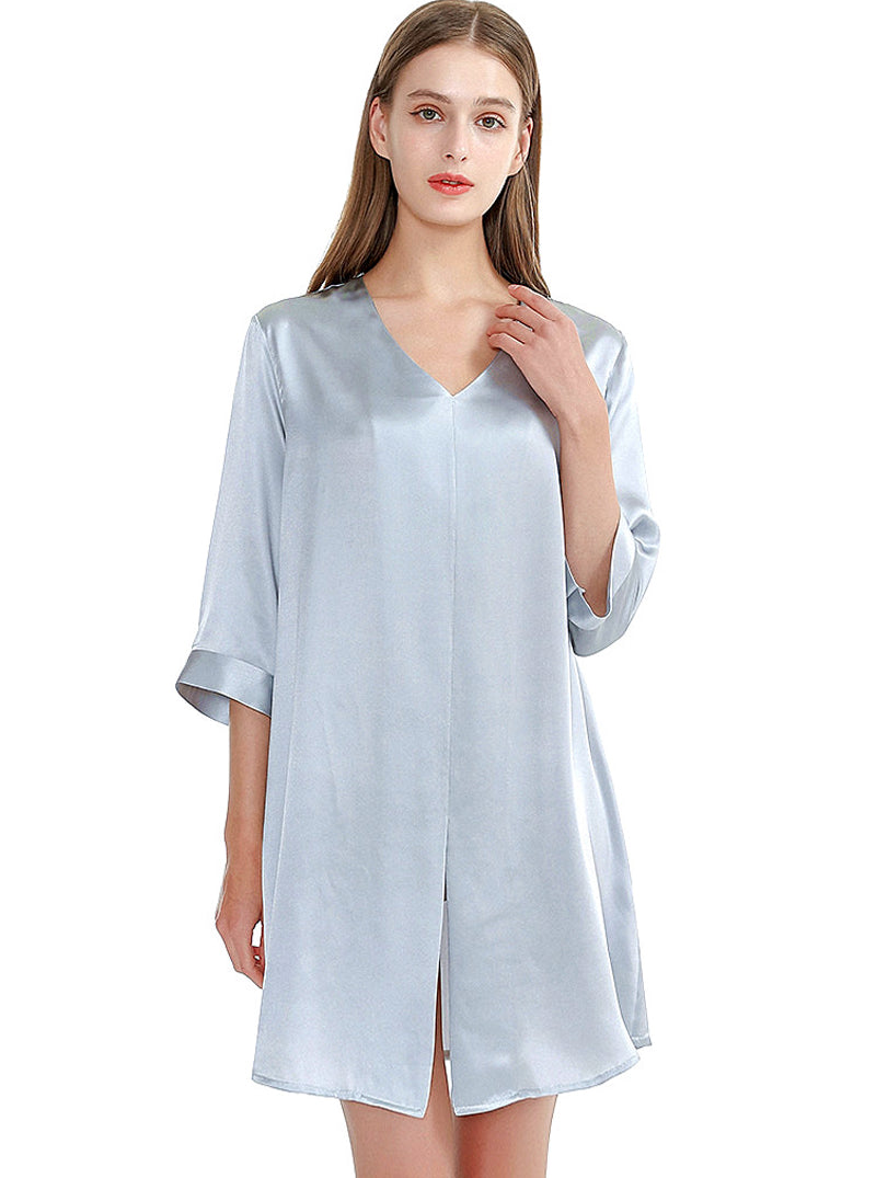 Silk Multicolor Summer Female V-Neck Sexy Casual Simple Solid Color Printed Mid-Sleeve Nightdress