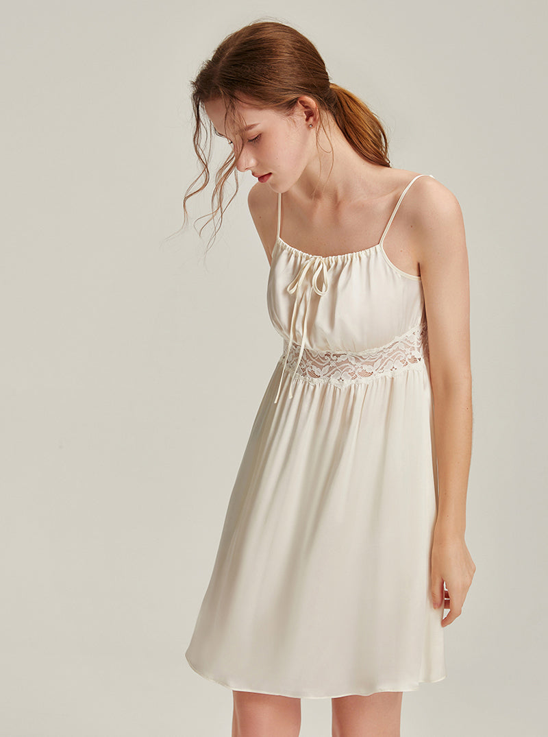 19 Momme Summer Female One-Word Collar Hollow Lace Palace Style Retro Fresh Sweet Elegant Sexy High Waist Neck Drawstring Beige Sling Nightdress