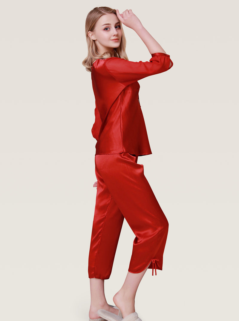 Mid-Sleeve Silk Spring And Autumn Female V-Neck Sexy Beautiful And Comfortable Lace Solid Color Pajamas Two-Piece Set