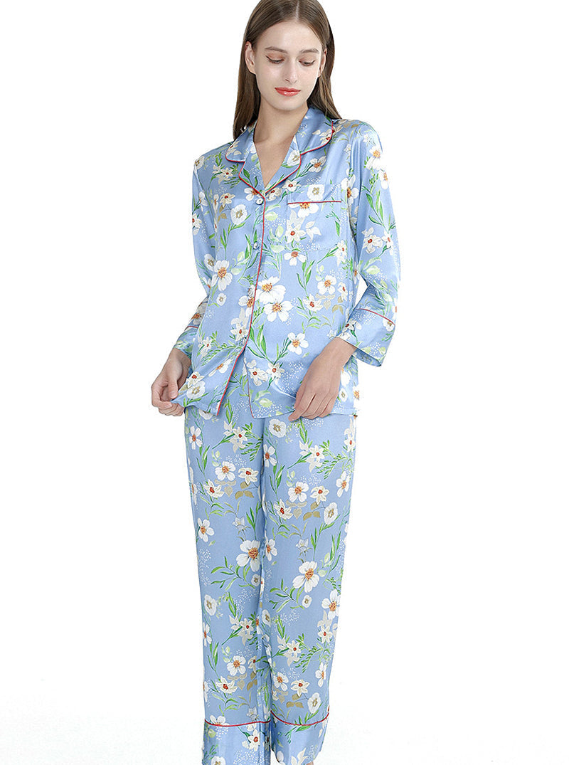 Silk Summer Female Small Lapel Print Elegant And Dignified Charming Multi-Color Long-Sleeved Pajamas Two-Piece Set