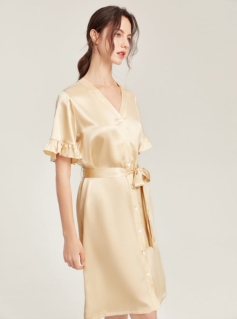 Female Summer 19 Momme Pure Color Silk Buttons V Collar Split Hem Ruffle Short Sleeve Medium Length Night-Robe