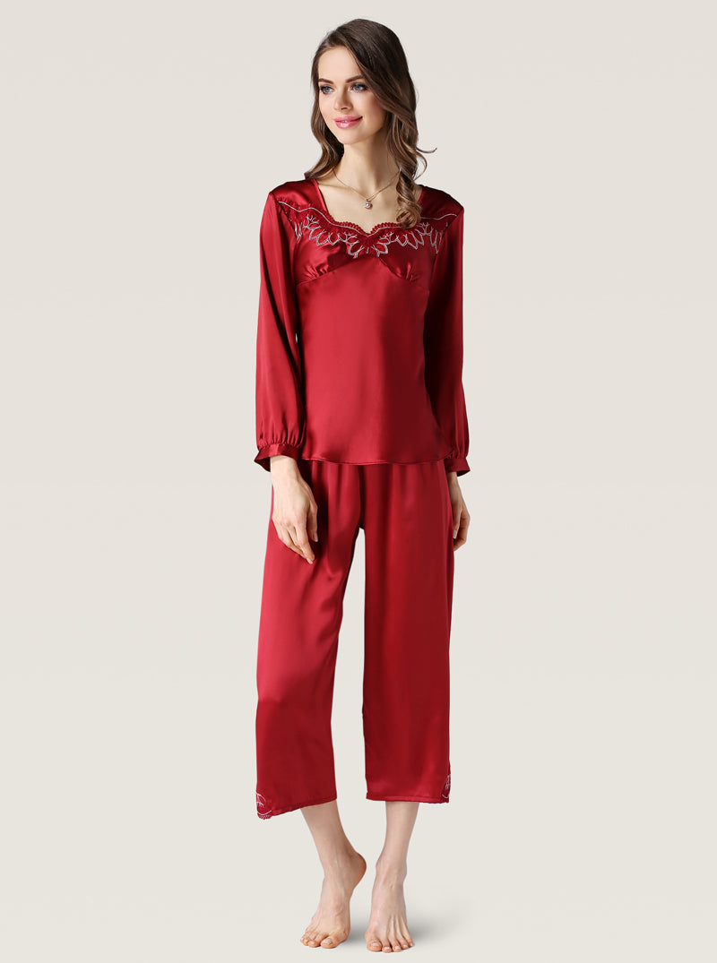 Spring Silk Female V-Neck Front Lace Elegant And Noble Solid Color Long-Sleeved Trousers Two-Piece Pajamas