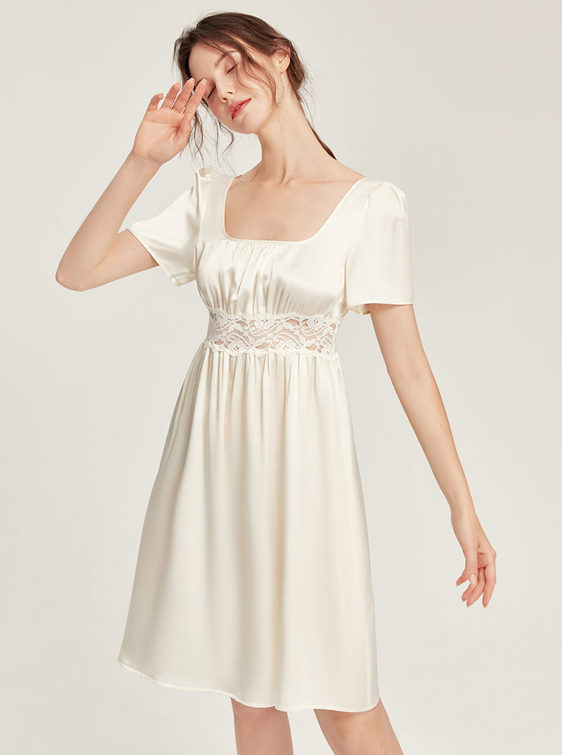 Summer Silk Court Style Boat Collar Waist Hollow Lace Loose Hem Short Sleeve Nightdress Female