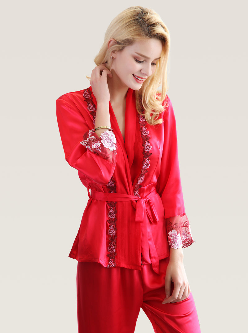 Embroidered Stitching Silk Spring And Autumn Female Solid Color Senior Gorgeous Short Nightgown Trousers Pajamas Two-Piece Set