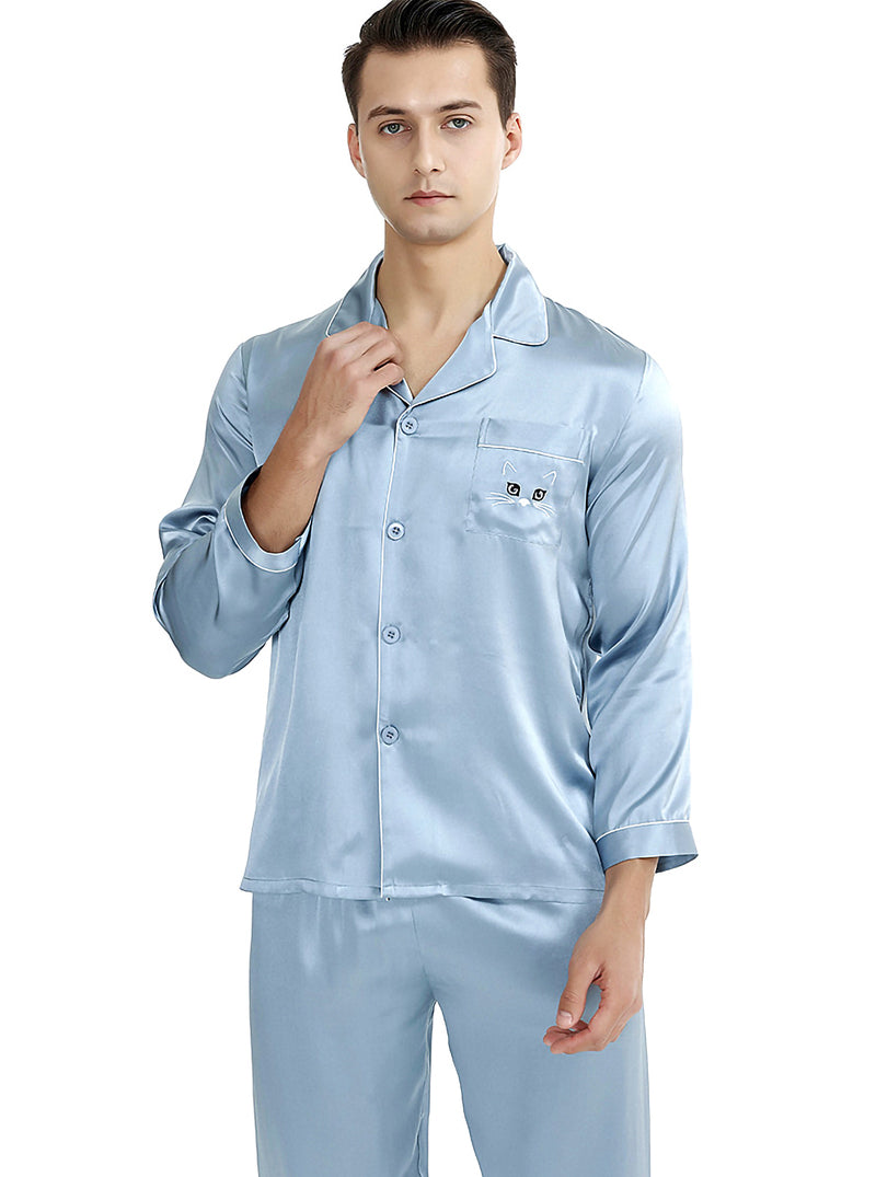 Silk Pure Color Summer Couple Pajamas Sets Small Lapel Cute And Lively Cat Embroidery Long-Sleeved Pajamas Two-Piece Set