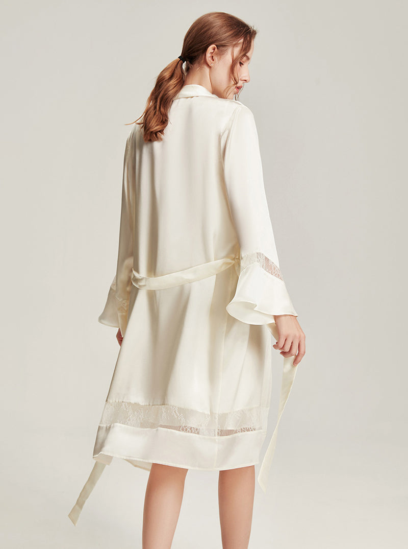 Silk Female Autumn Swing Collar Elegant Romantic Simple Soft Stitching Perspective Lace Suspender Nightdress Long-Sleeved Nightgown