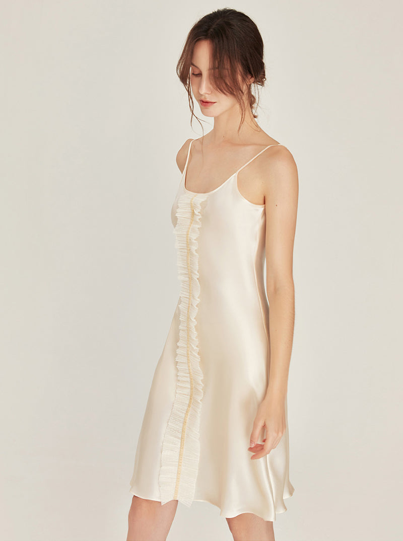 Summer Female Silk Nightdress Elegant Advanced Sense Simplicity Apricot U Collar Splicing Lace Sling Dress