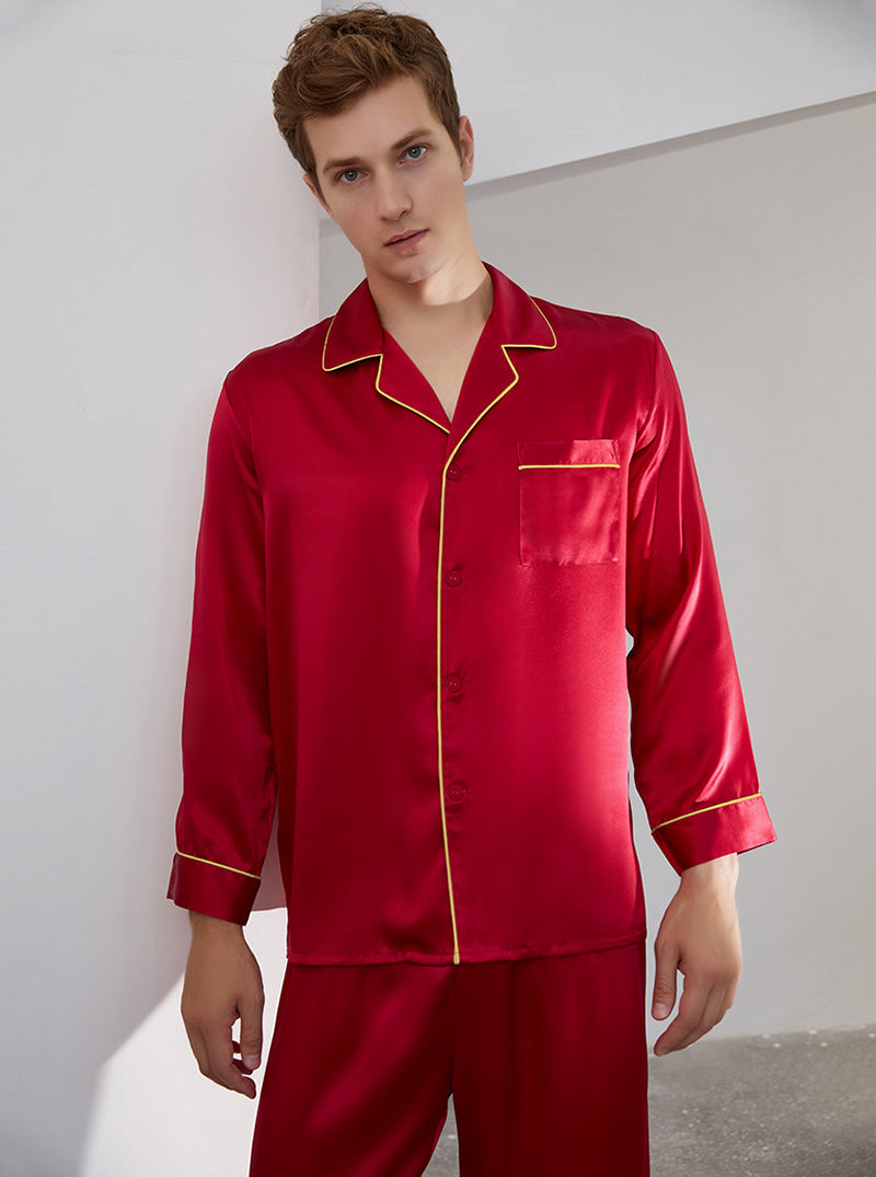 19 Momme Silk Spring And Autumn Male Small Lapel Comfortable And Breathable Classic Version Solid Color Long-Sleeved Trousers Pajamas Two-Piece Set