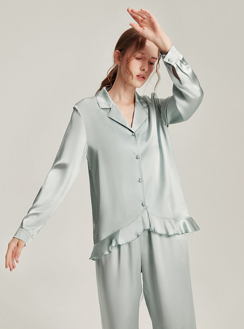 Solid Light Color Female Silk Autumn Shirt Collar Comfortable Breathable Ruffles Simple Basic Long Sleeve Pants Two Piece Pajamas