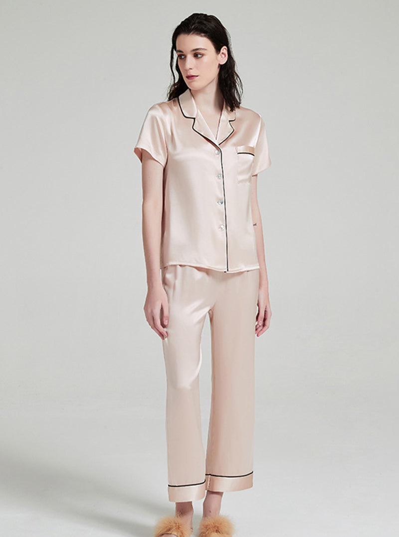 Suit Collar 19 Momme Silk Female Summer Multiple Colors Simple Classic Comfortable Short Sleeve Pants Pajamas Two Piece Set