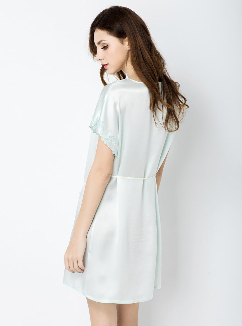 Round Neck Solid Color Summer Silk Female Classic Luxury Sexy Belt Stitching Lace Solid Color Short-Sleeved Nightdress