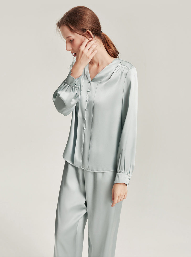 Simple V-Neck Silk Hideyoshi Female High-End Comfortable Solid Color Long-Sleeved Trousers Pajamas Two-Piece Set