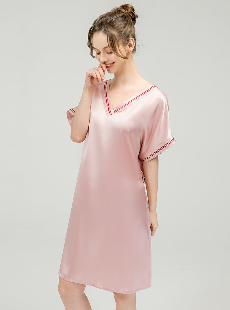 Solid Color Female Silk Summer V-Neck Premium Loose Classic Belt Short Sleeve Nightdress