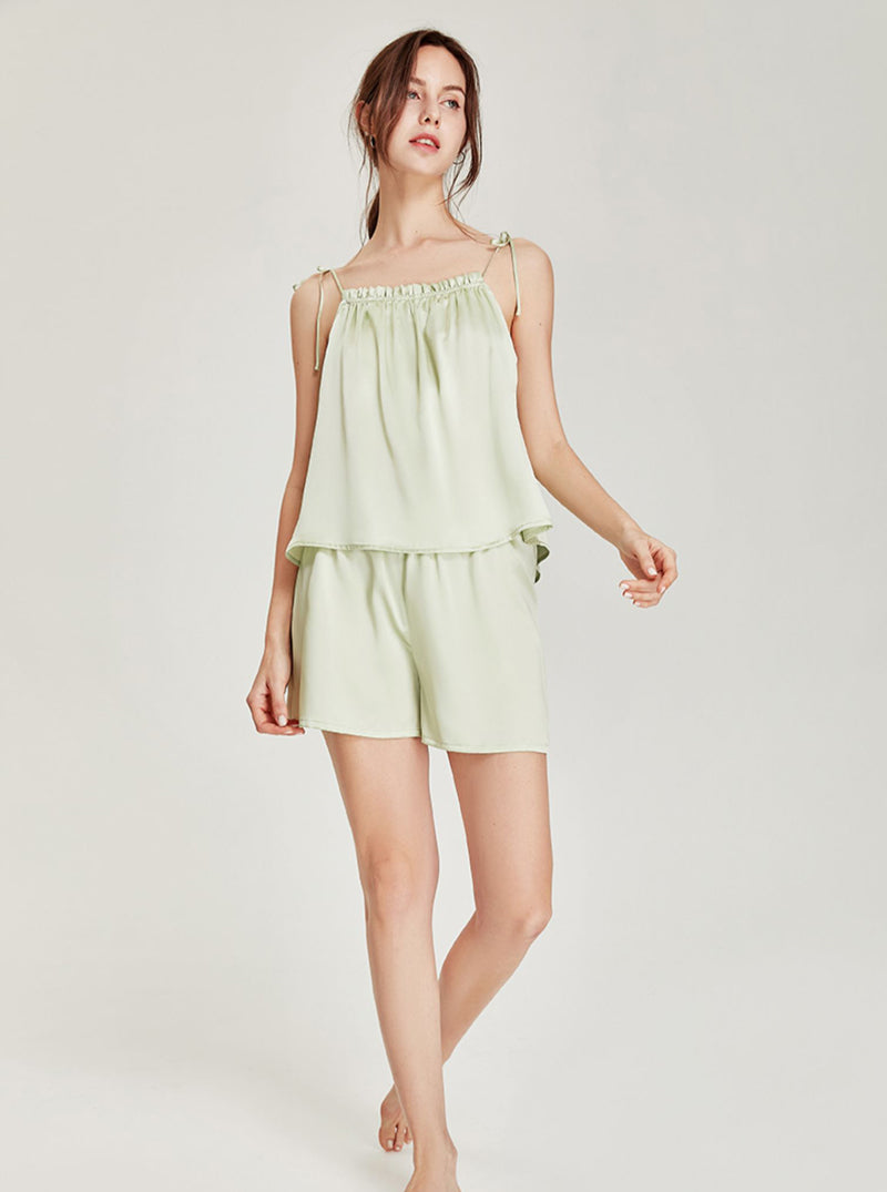 Summer Female Cute Candy Color Silk Matching Pajamas Ruffle Edge Collar Camisole Shorts Two-Piece Set