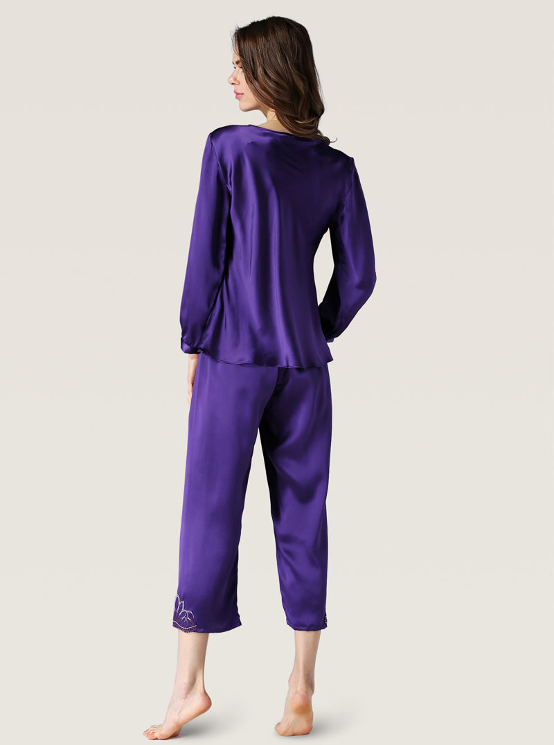 Spring Silk Female V-Neck Front Lace Elegant And Noble Solid Color Long-Sleeved Trousers Two-Piece Pajamas