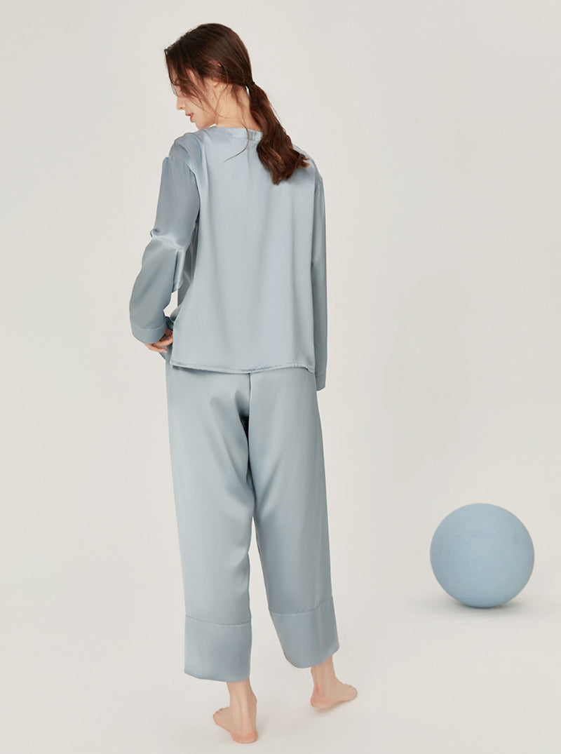 Silk Spring Summer Simplicity Round Collar Matching Pajamas Small Split Hem Long Sleeve Two-Piece Set Female
