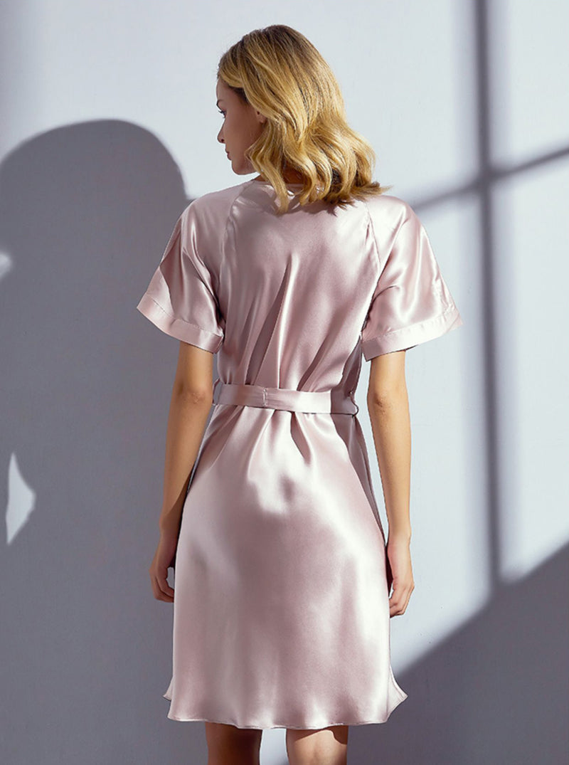 Silk Summer Ladies Lace Stitching V-Neck Pink Sexy And Elegant Beltable Short-Sleeved Nightdress