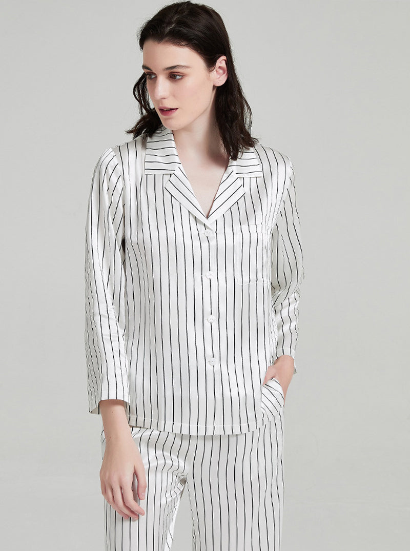 19 Momme Silk Spring Autumn Female Casual Advanced Breathable Black And White Striped Long Sleeve Pants Pajamas Two Piece Set