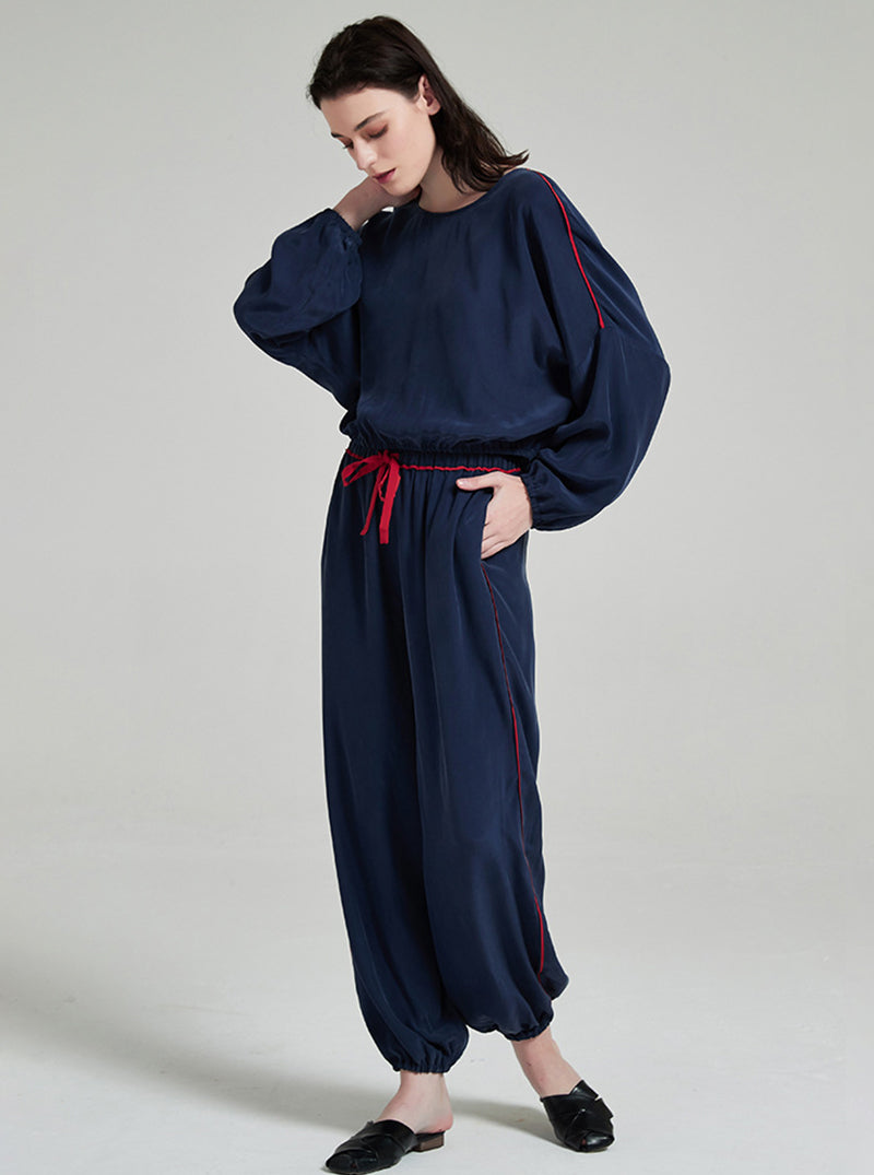 19 Momme Silk Navy Blue Spring And Autumn Female Round Neck Sand Wash Soft Loose Long-Sleeved Trousers Pajamas Two-Piece Set