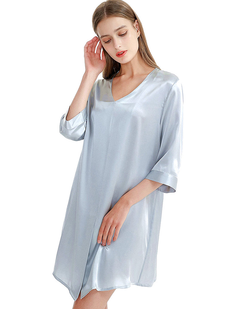 Silk Multicolor Summer Female V-Neck Sexy Casual Simple Solid Color Printed Mid-Sleeve Nightdress