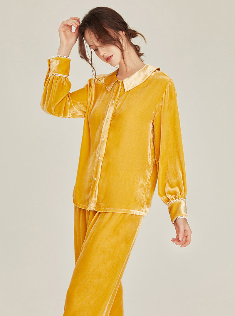 Autumn Winter Female Silk Velvet Matching Pajamas Simplicity Pure Color Cute Doll Collar Lace Edge Long Sleeve Two-Piece Set