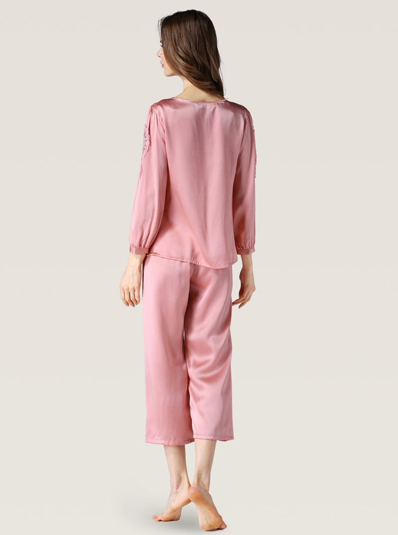 Spring And Autumn Female Silk Round Neck Simple Fashion Comfortable Solid Color Long Sleeve Trousers Two Piece Pajamas