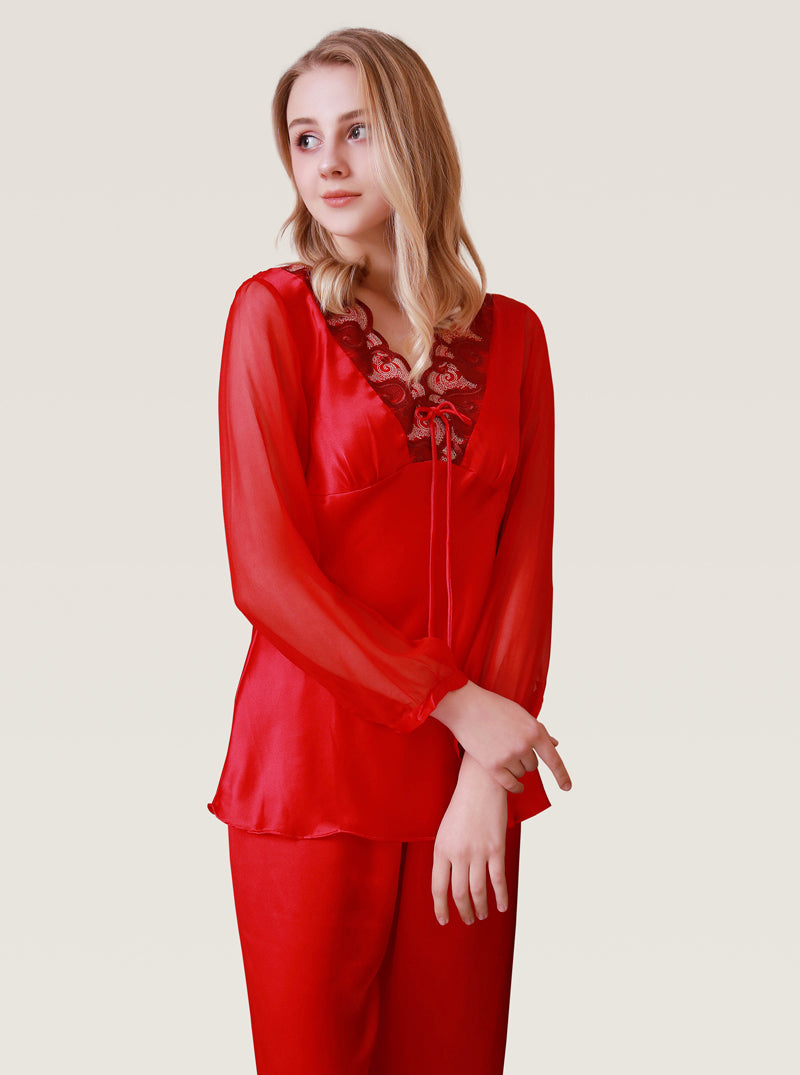 Mid-Sleeve Silk Spring And Autumn Female V-Neck Sexy Beautiful And Comfortable Lace Solid Color Pajamas Two-Piece Set