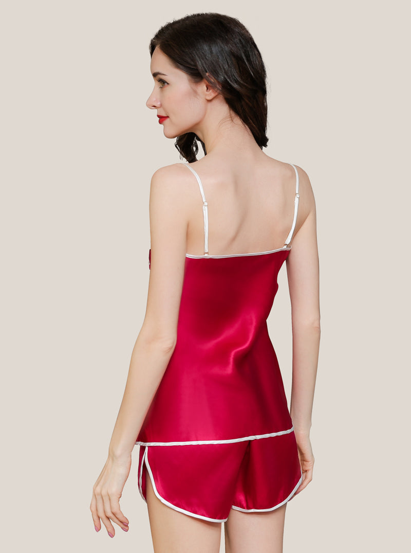 Silk Female Summer Contrast Color Line Simple Sexy Round Neck Solid Color Suspender Shorts Two-Piece Pajamas
