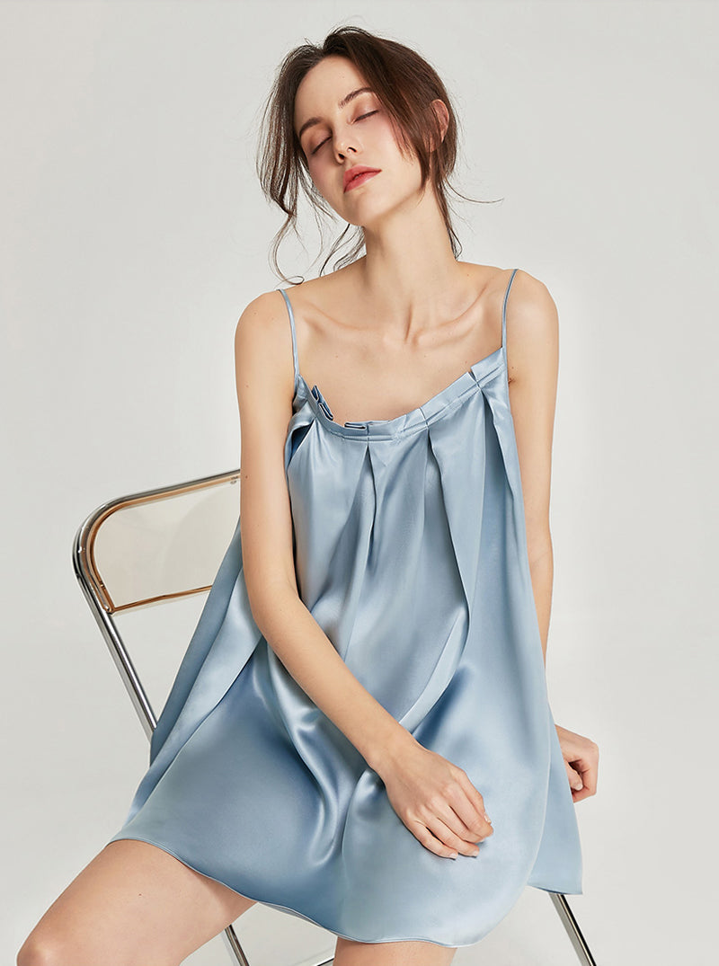 Silk Spring And Autumn Ladies Tube Top Pleated Sweet And Elegant Princess Style Solid Color Suspender Nightdress