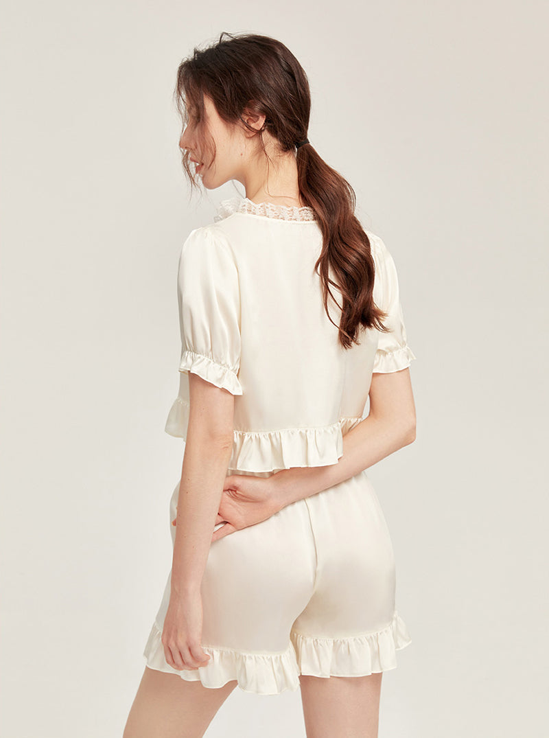 Silk Summer Female Lace V-Neck Ruffle Hem Elegant Simple Romance Gentle Sweet Comfort Sexy Youth Solid Color Short Sleeve Two-Piece Pajamas